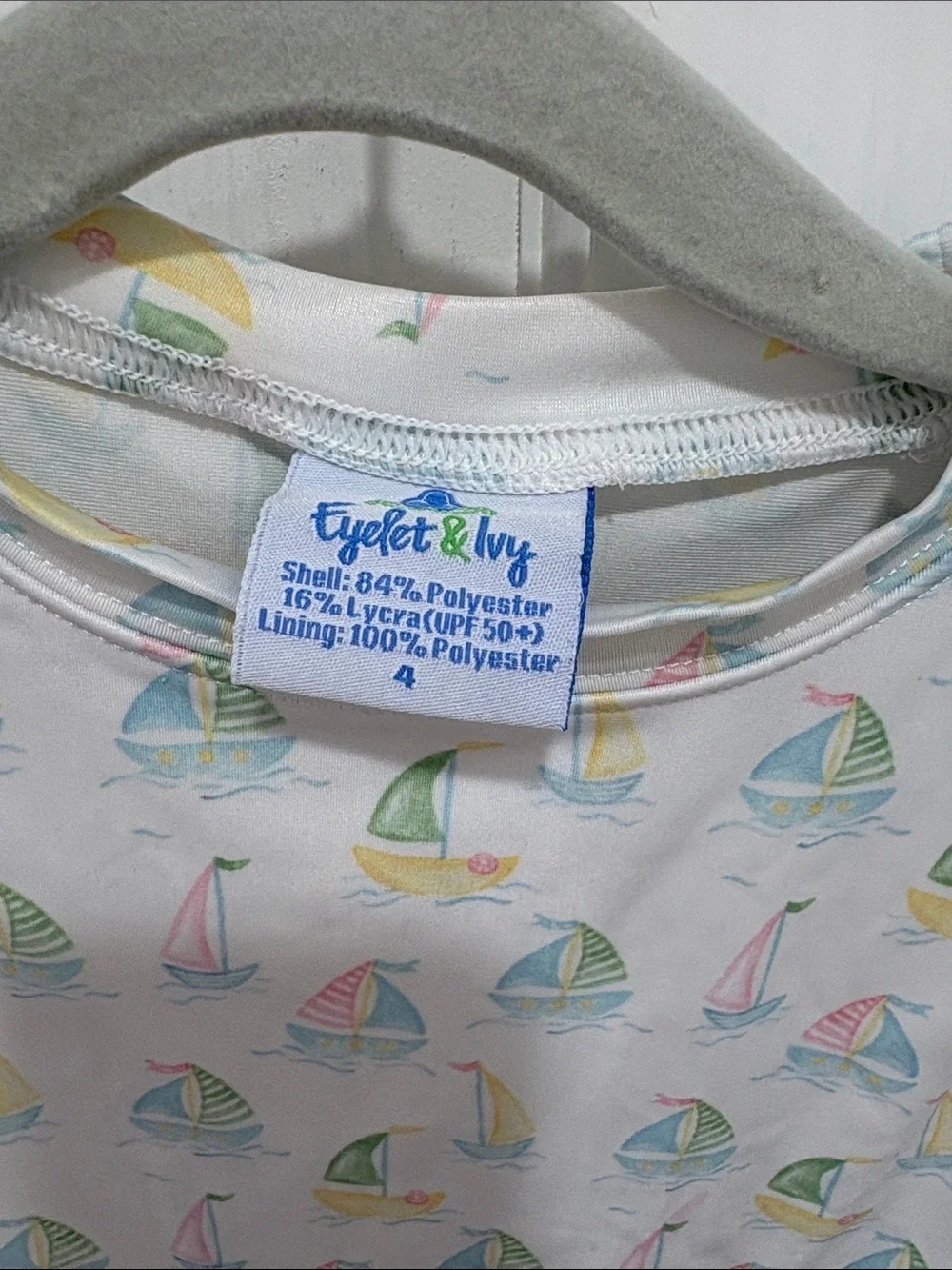 Girls' White Sailboat Print Ruffle Swim Top
